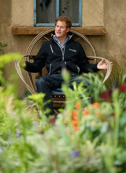 Принц Гарри сидит в кресле басуто во время посещения сада Sentebale «Надежда в уязвимости» в 2015 году.